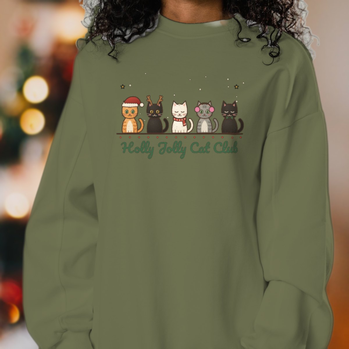 Holly Jolly Cat Club Sweatshirt in military green