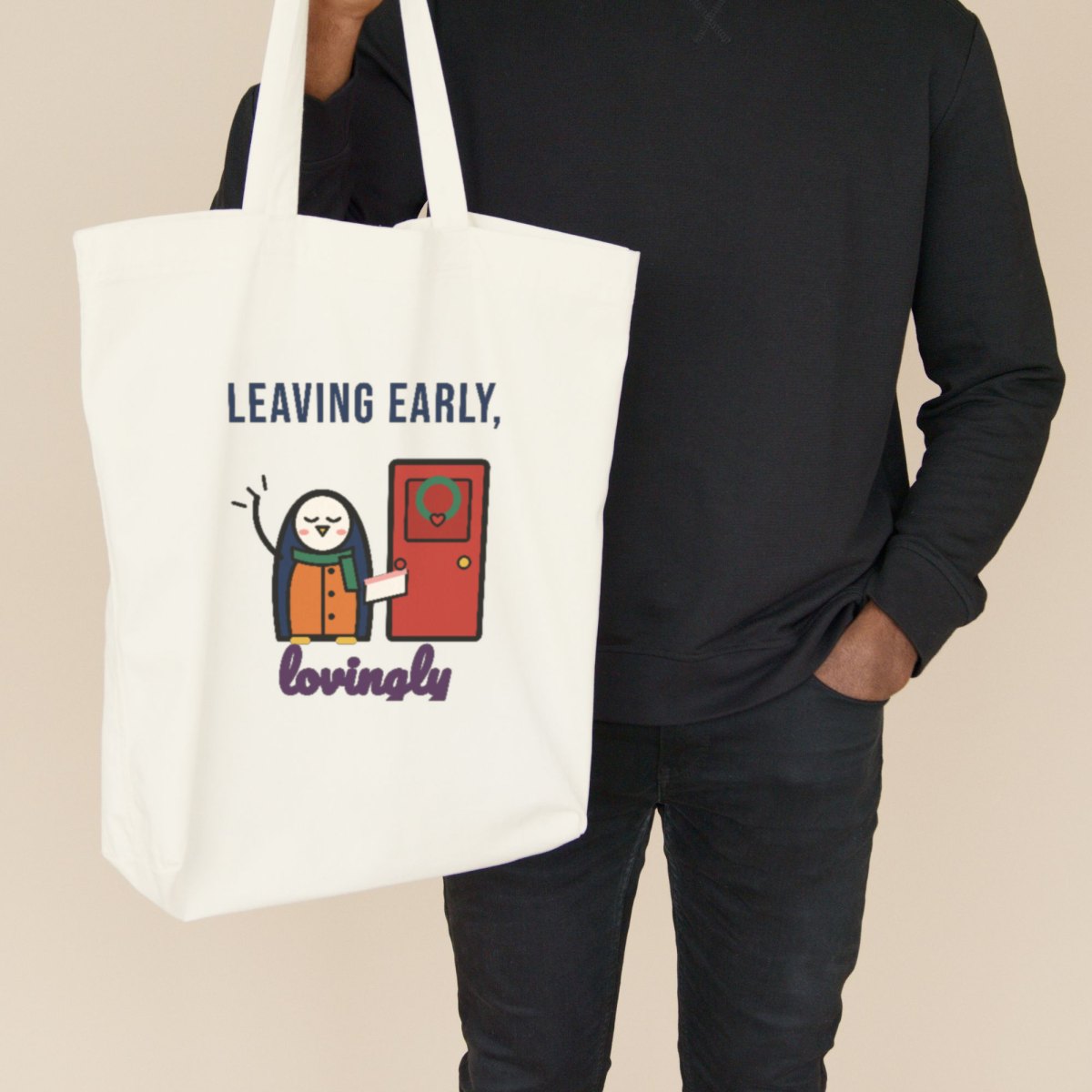 Leaving Early, Lovingly Tote Bag in natural