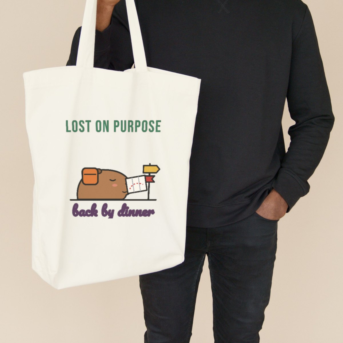 Lost on Purpose, Back by Dinner Tote Bag in natural
