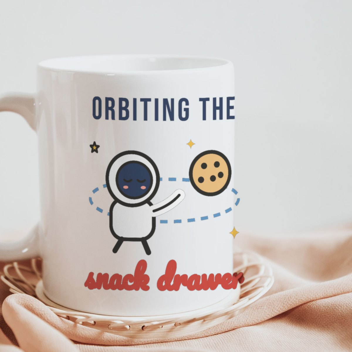 Orbiting the Snack Drawer Mug in white