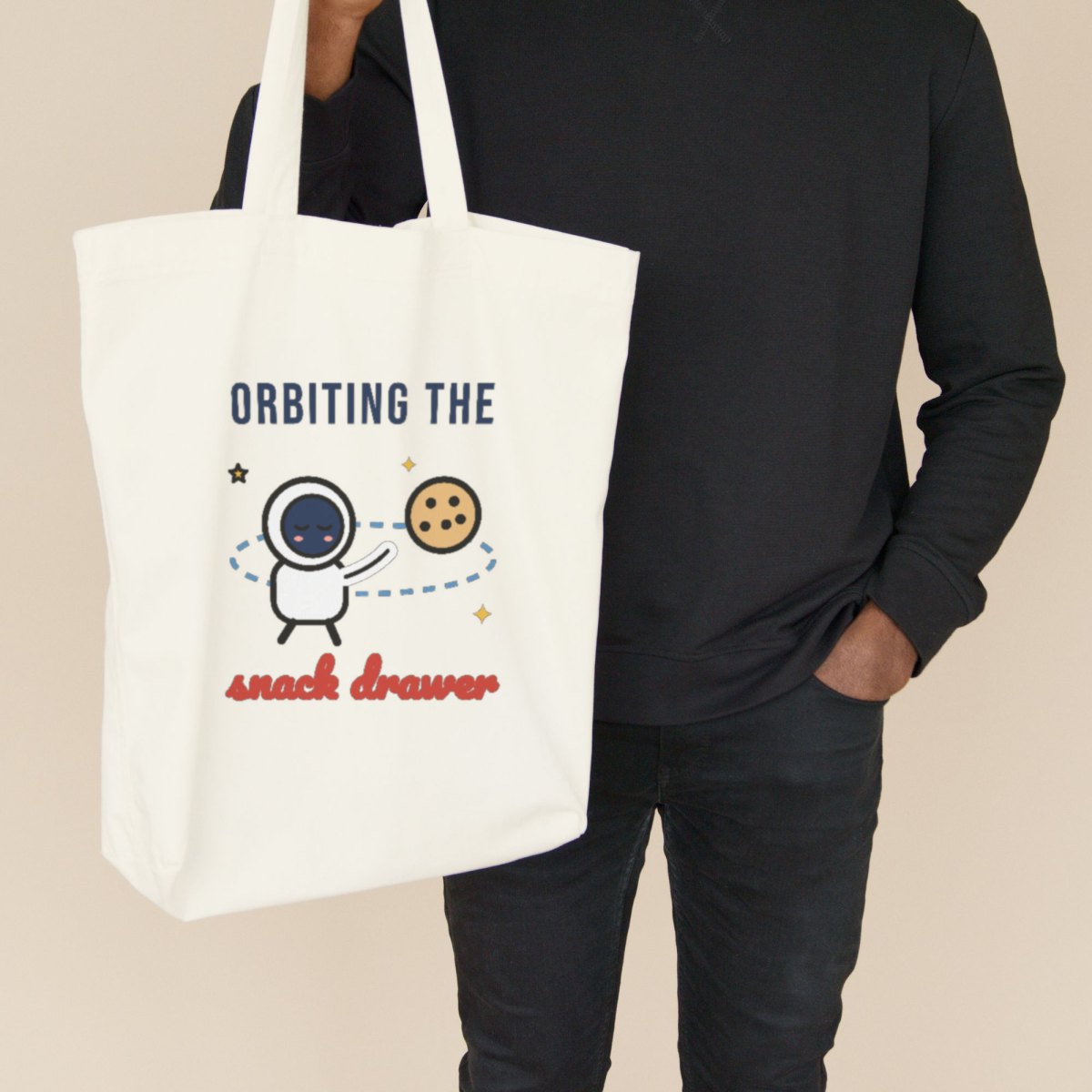 Orbiting the Snack Drawer Tote Bag in natural