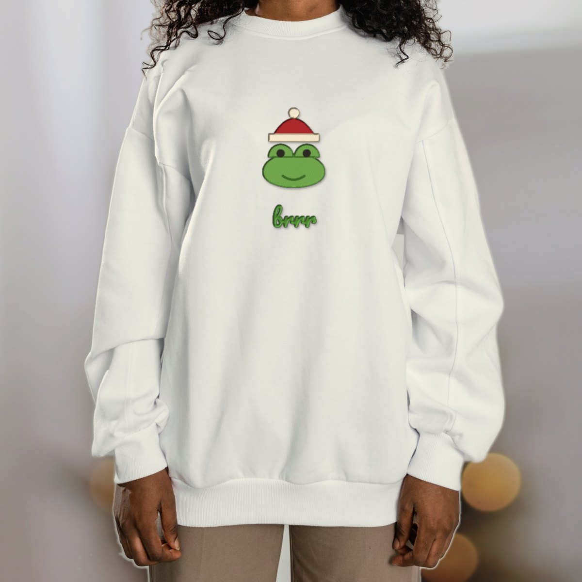 Snow Day Frog, Stitched Embroidered Sweatshirt in white