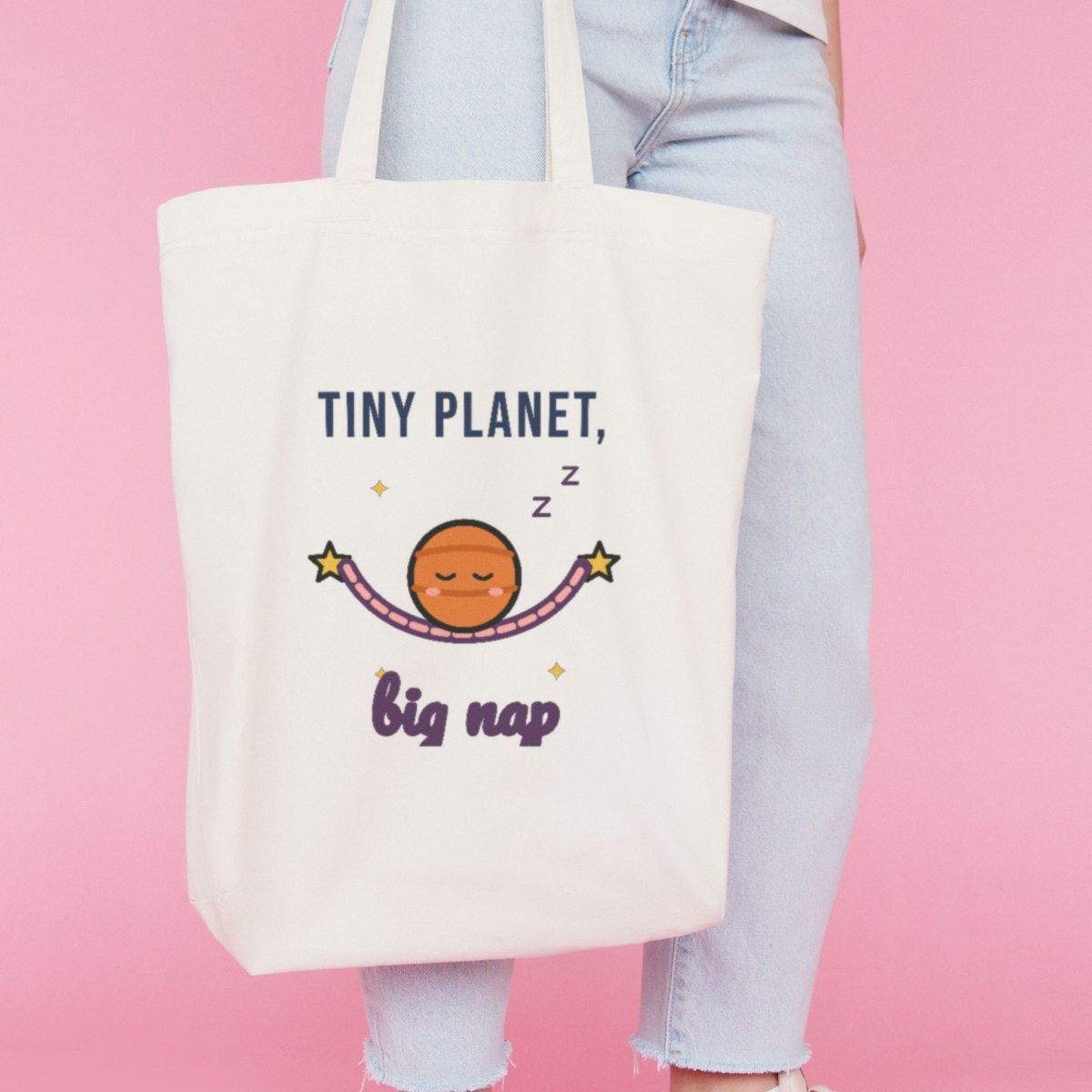 Tiny Planet, Big Nap Tote Bag in natural